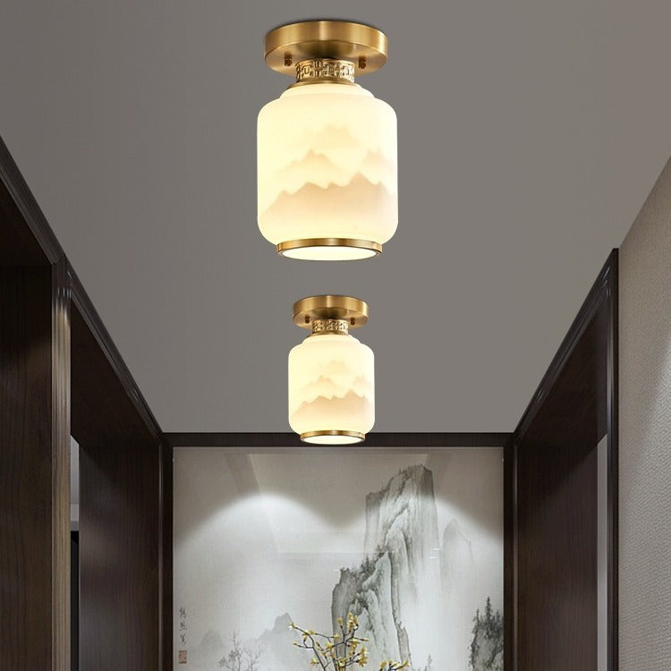 Traditional Chinese Copper Glass Painting 1 - Light Flush Mount Ceiling Light For Hallways