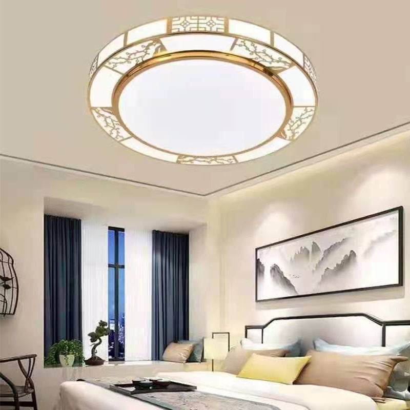 伝統的な中国風の丸型梅の花柄アクリルアルミLEDフラッシュマウントシーリングライト(リビングルーム用)