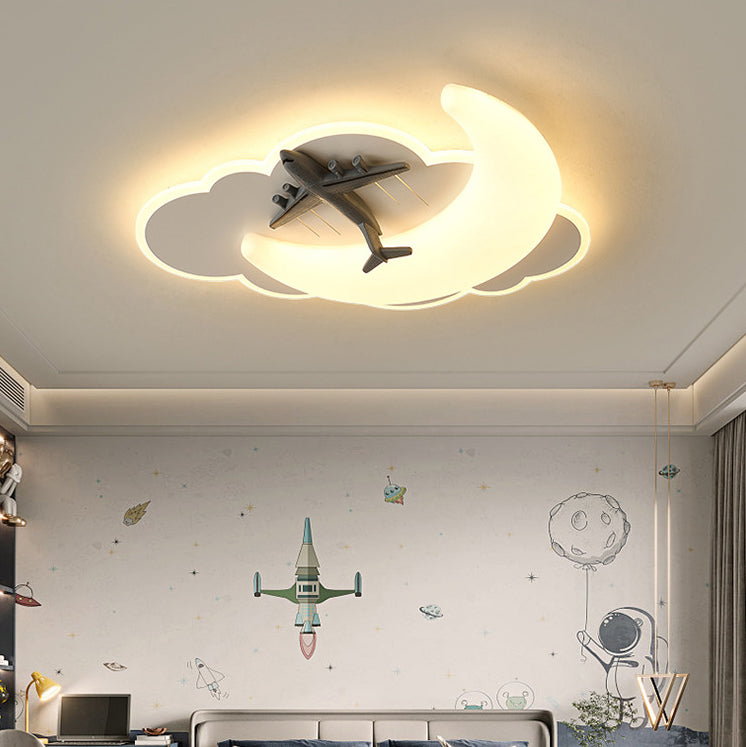 Contemporary Creative Astronaut Airplane Rotational Molding Iron LED Flush Mount Ceiling Light For Bedroom