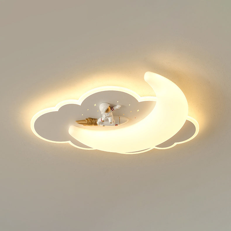 Contemporary Creative Astronaut Airplane Rotational Molding Iron LED Flush Mount Ceiling Light For Bedroom