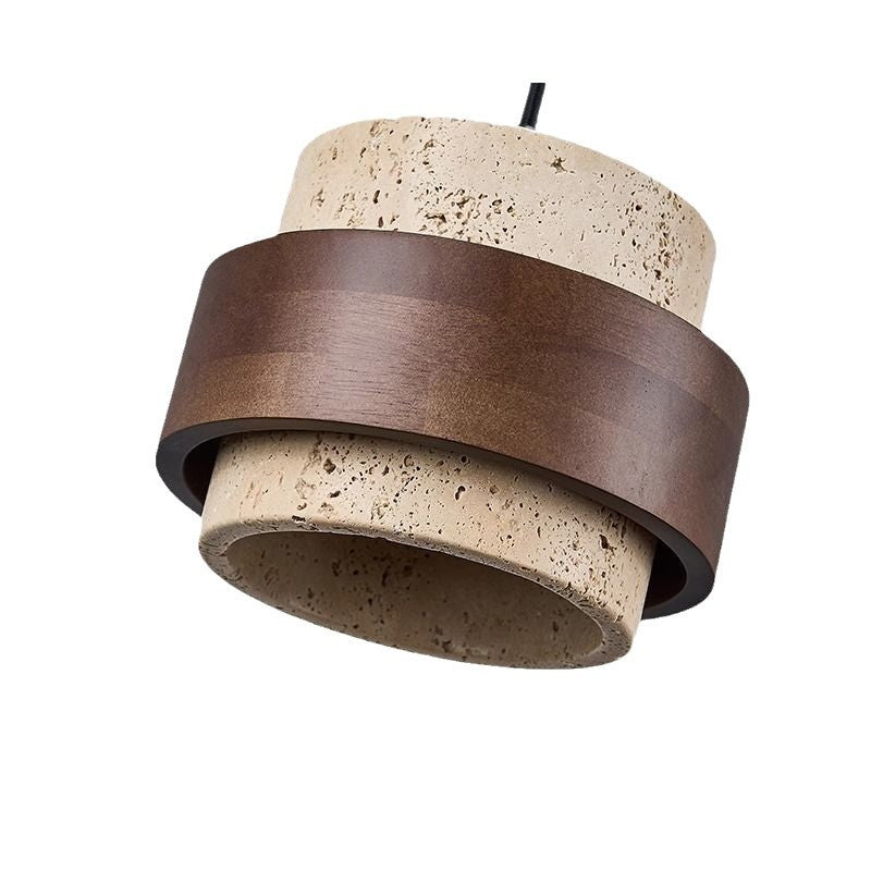 Contemporary Retro Round Yellow Travertine Solid Wood 1 - Light Pendant Light For Dining Room