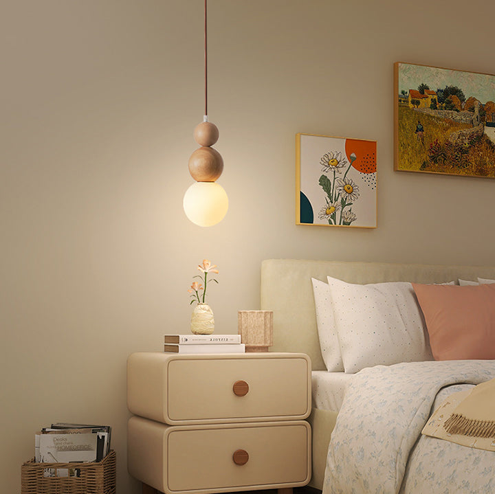 Moderne Retro-Hängeleuchte aus Massivholz, Glas und Perlen – 1-flammig – für das Wohnzimmer