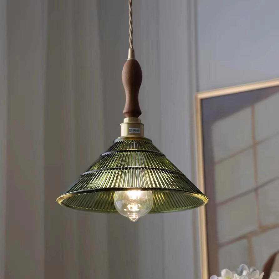 Contemporary Retro Stripe Hat Shape Brass Walnut Glass 1 - Light Pendant Light For Dining Room