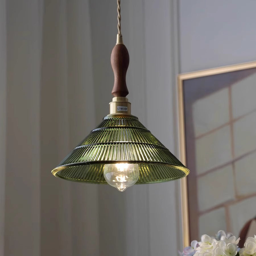 Contemporary Retro Stripe Hat Shape Brass Walnut Glass 1 - Light Pendant Light For Dining Room