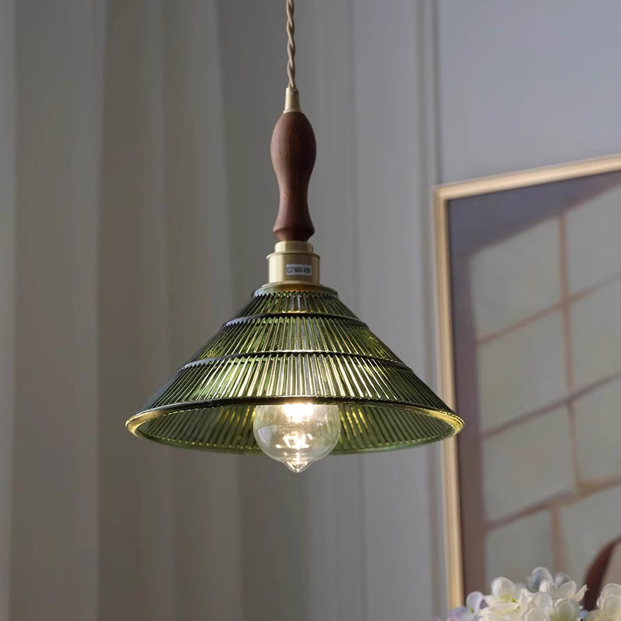 Contemporary Retro Stripe Hat Shape Brass Walnut Glass 1 - Light Pendant Light For Dining Room