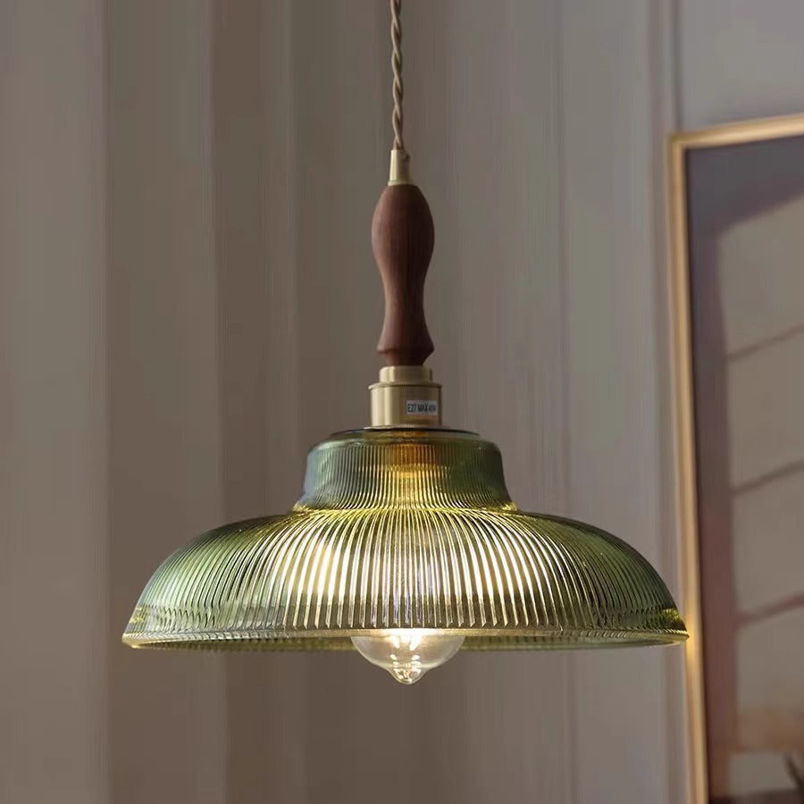 Contemporary Retro Stripe Hat Shape Brass Walnut Glass 1 - Light Pendant Light For Dining Room