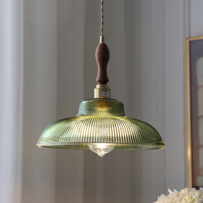 Contemporary Retro Stripe Hat Shape Brass Walnut Glass 1 - Light Pendant Light For Dining Room