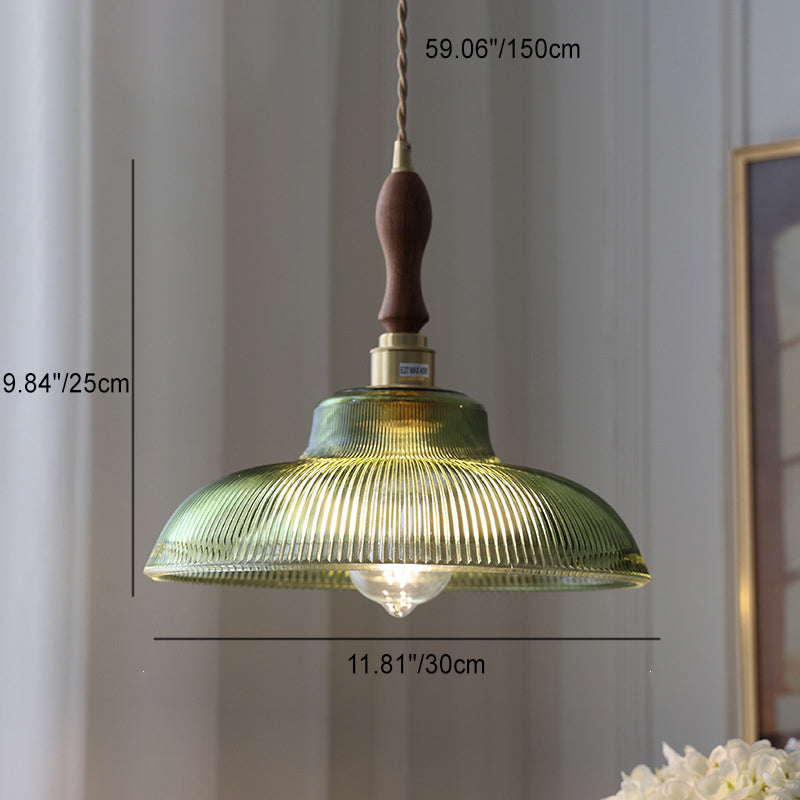 Contemporary Retro Stripe Hat Shape Brass Walnut Glass 1 - Light Pendant Light For Dining Room