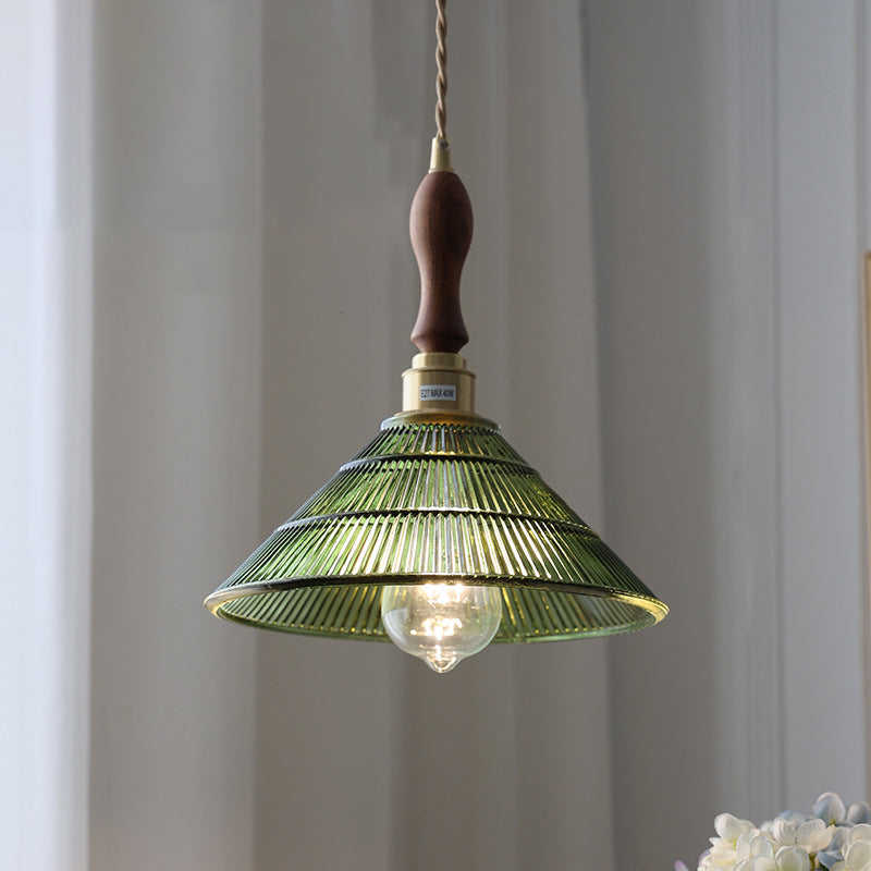 Contemporary Retro Stripe Hat Shape Brass Walnut Glass 1 - Light Pendant Light For Dining Room