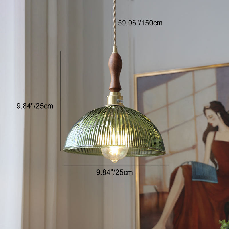 Contemporary Retro Stripe Hat Shape Brass Walnut Glass 1 - Light Pendant Light For Dining Room