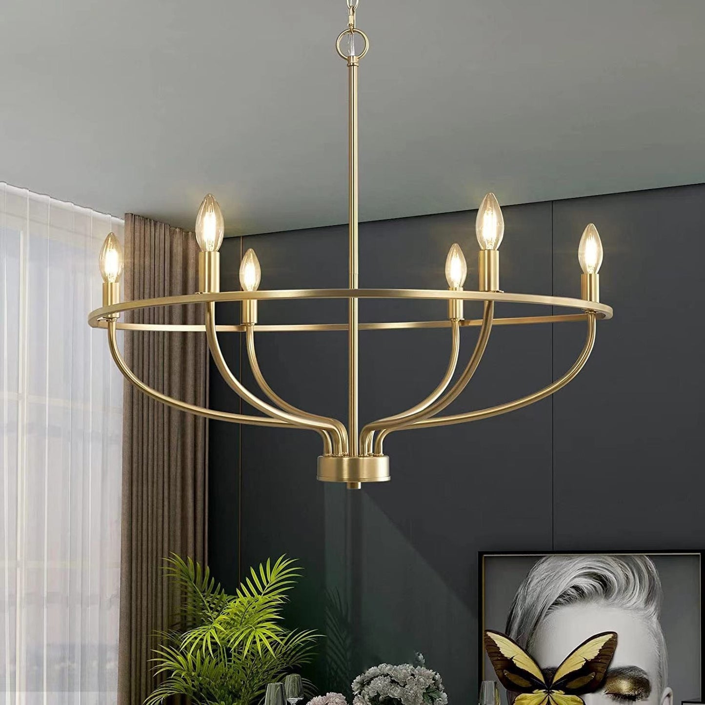 Modern Art Deco Candle Shape Iron Hardware 6 - Light Chandeliers For Dining Room