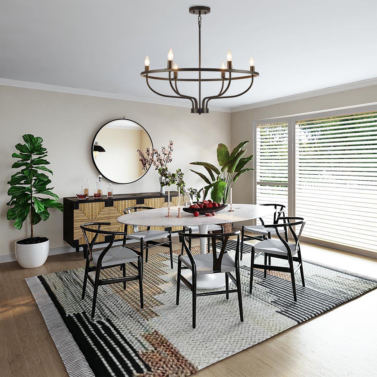 Modern Art Deco Candle Shape Iron Hardware 6 - Light Chandeliers For Dining Room