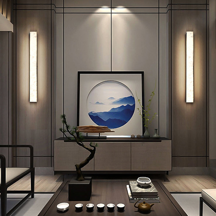 Traditional Chinese Long Strip Copper Marble LED Wall Sconce Lamp For Living Room