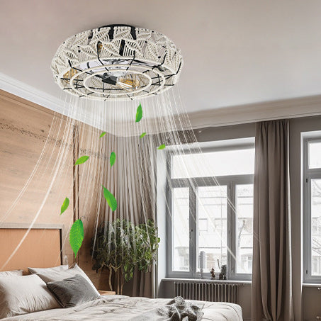 Traditional Vintage Round Iron Linen 4 - Light Semi-Flush Mount Ceiling Fan Light For Living Room