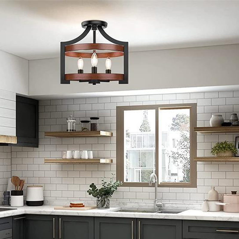 Traditional Vintage Birdcage Shape Wood Iron 3 - Light Semi-Flush Mount Light For Dining Room