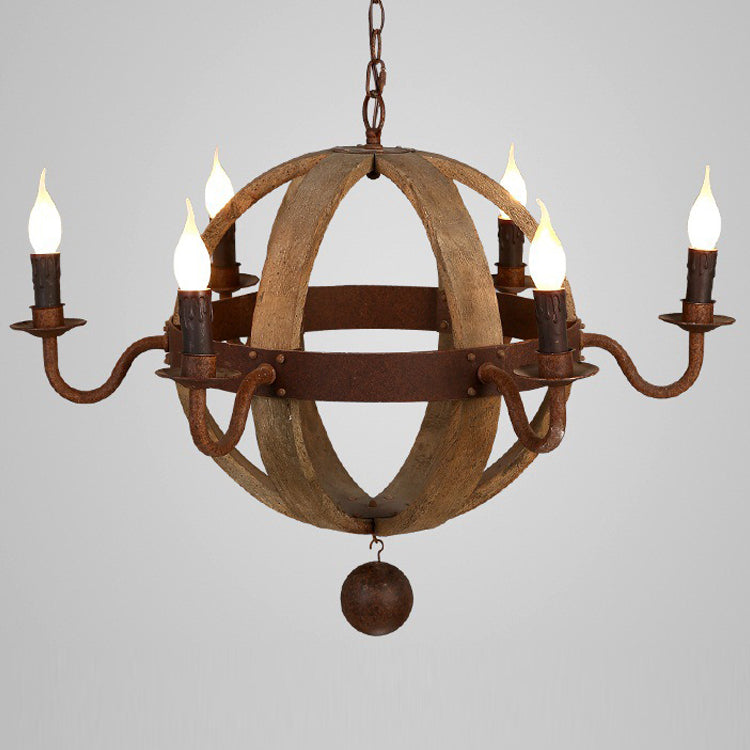 Contemporary Retro Round Ball Wood Iron Hardware 6 - Light Chandelier For Dining Room