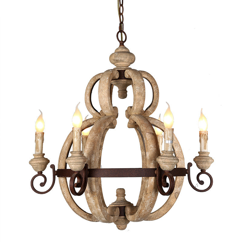 Traditional European Gourd Shape Solid Wood Iron 6 - Light Chandelier For Dining Room