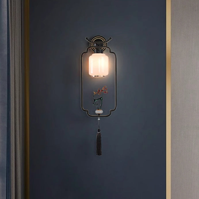Traditional Chinese Welcoming Pine Sika Deer Iron Hardware Glass 1 - Light Wall Sconce Lamp For Living Room