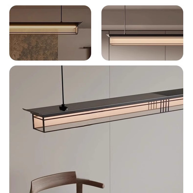 Traditional Chinese Long Strip Acrylic Lampshade Aluminum Iron LED Chandeliers Island Light For Dining Room