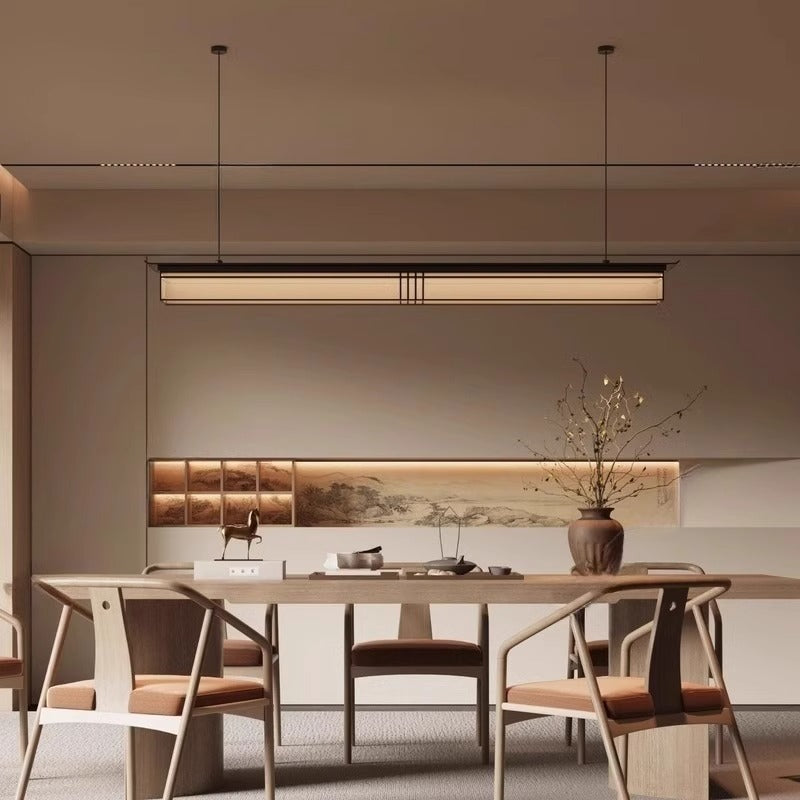 Traditional Chinese Long Strip Acrylic Lampshade Aluminum Iron LED Chandeliers Island Light For Dining Room