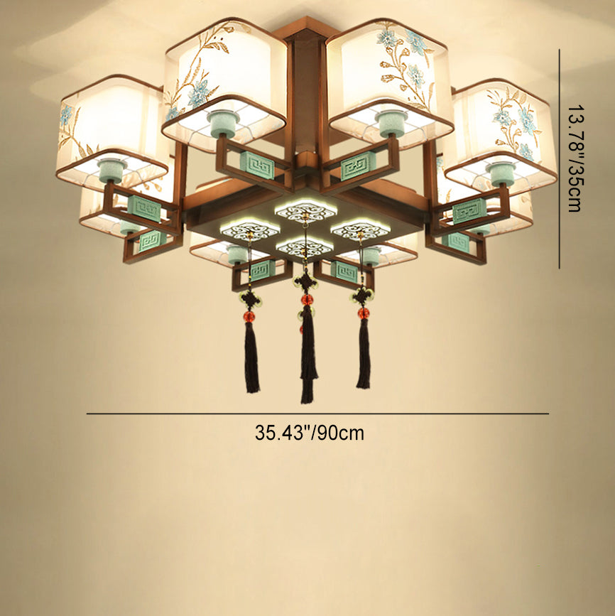 Traditional Chinese Square Fabric Pattern Embroidery Lampshade Iron 4/6/8 - Light Chandeliers For Living Room