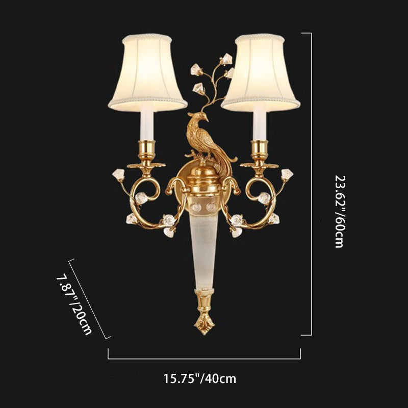 Traditional French Phoenix Full Copper Fabric Lampshade Crystal 2 - Light Wall Sconce Lamp For Living Room