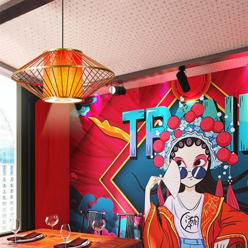 Traditional Chinese Cylinder Pattern Fabric Lampshade Iron 1 - Light Chandeliers For Dining Room