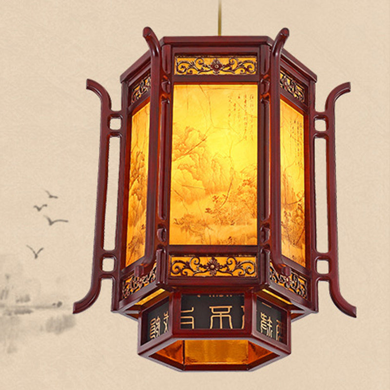 Traditional Chinese Lantern Shape Pine Imitation Sheepskin Lampshade 1 - Light Chandeliers For Dining Room
