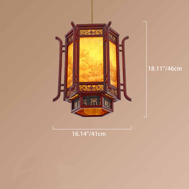 Traditional Chinese Lantern Shape Pine Imitation Sheepskin Lampshade 1 - Light Chandeliers For Dining Room