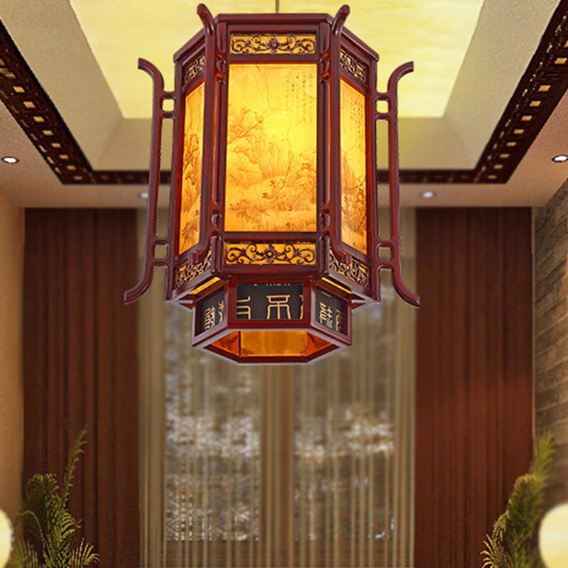 Traditional Chinese Lantern Shape Pine Imitation Sheepskin Lampshade 1 - Light Chandeliers For Dining Room