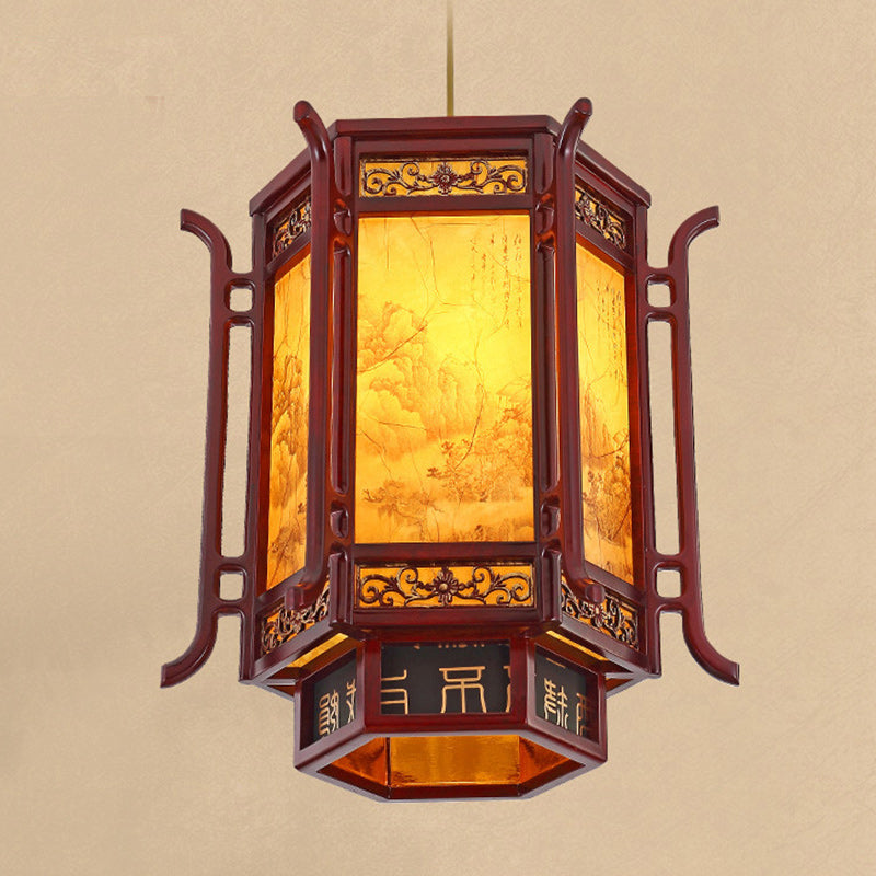 Traditional Chinese Lantern Shape Pine Imitation Sheepskin Lampshade 1 - Light Chandeliers For Dining Room