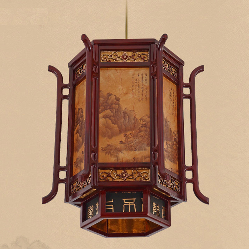 Traditional Chinese Lantern Shape Pine Imitation Sheepskin Lampshade 1 - Light Chandeliers For Dining Room