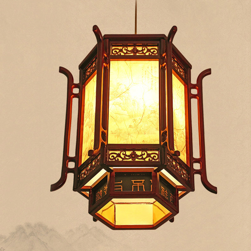 Traditional Chinese Lantern Shape Pine Imitation Sheepskin Lampshade 1 - Light Chandeliers For Dining Room