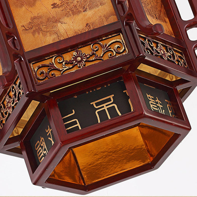 Traditional Chinese Lantern Shape Pine Imitation Sheepskin Lampshade 1 - Light Chandeliers For Dining Room