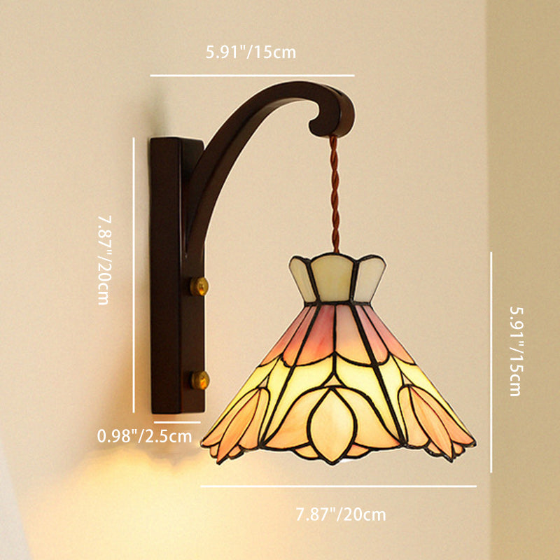 Traditional Tiffany Conical Pattern Oak Glass Copper 1 - Light Wall Sconce Lamp For Living Room