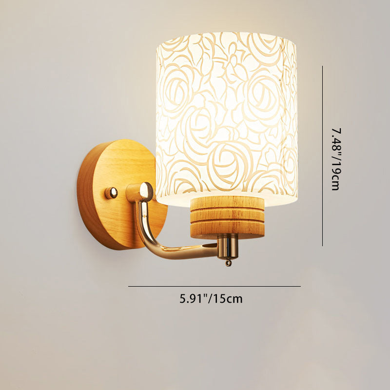 Modern Simplicity Cylinder Flower Pattern Glass Lampshade Solid Wood 1/2 - Light Wall Sconce Lamp For Hallways