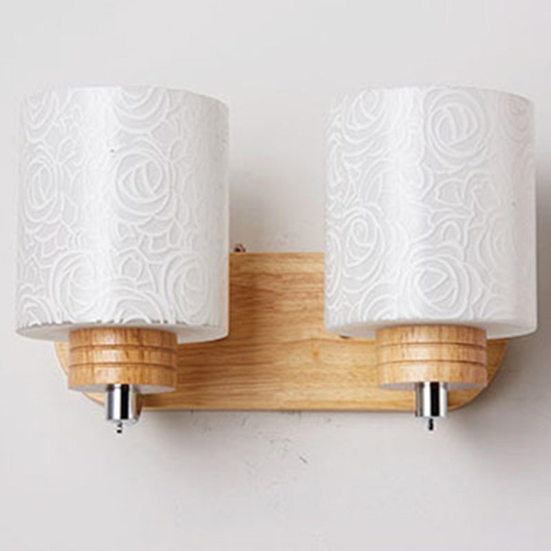 Modern Simplicity Cylinder Flower Pattern Glass Lampshade Solid Wood 1/2 - Light Wall Sconce Lamp For Hallways
