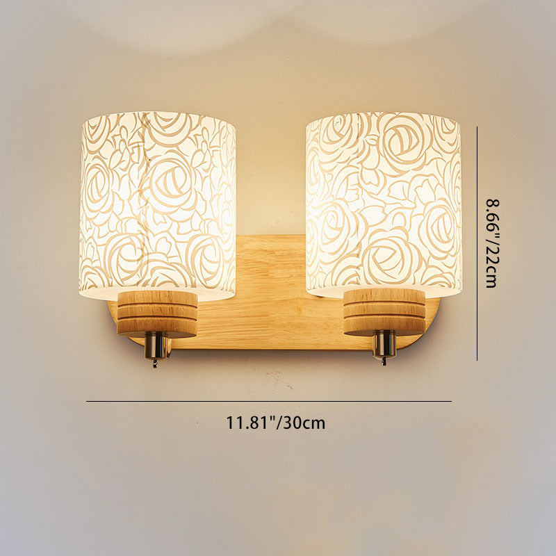 Modern Simplicity Cylinder Flower Pattern Glass Lampshade Solid Wood 1/2 - Light Wall Sconce Lamp For Hallways