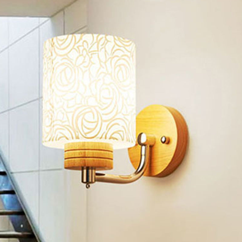 Modern Simplicity Cylinder Flower Pattern Glass Lampshade Solid Wood 1/2 - Light Wall Sconce Lamp For Hallways