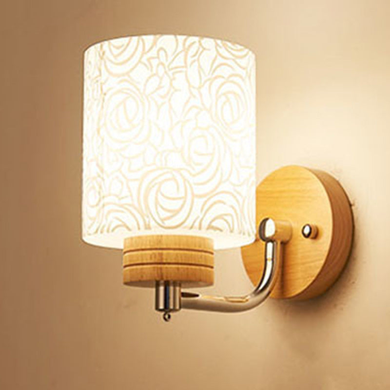 Modern Simplicity Cylinder Flower Pattern Glass Lampshade Solid Wood 1/2 - Light Wall Sconce Lamp For Hallways