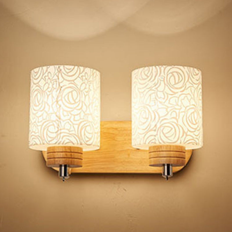Modern Simplicity Cylinder Flower Pattern Glass Lampshade Solid Wood 1/2 - Light Wall Sconce Lamp For Hallways