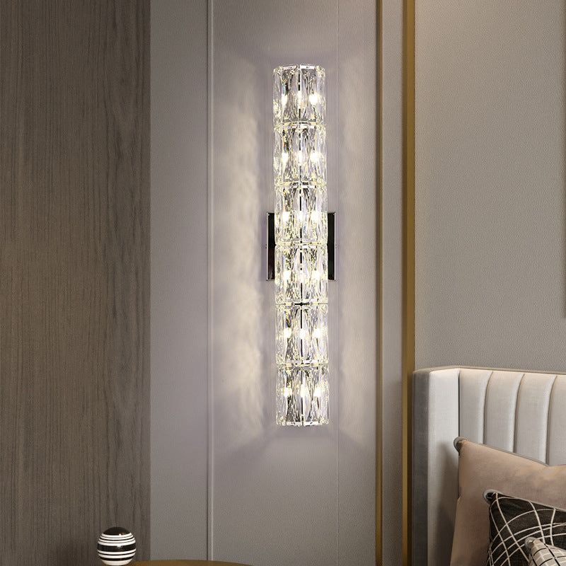 Modern Luxury Cylinder Stainless Steel Crystal Lampshade 2/4/6 - Light Wall Sconce Lamp For Bedroom