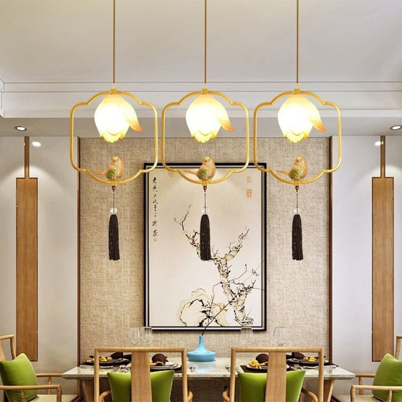 Traditional Chinese Iron Resin Lotus Bird Oval Shape Polygon 1 - Light Pendant Light For Dining Room