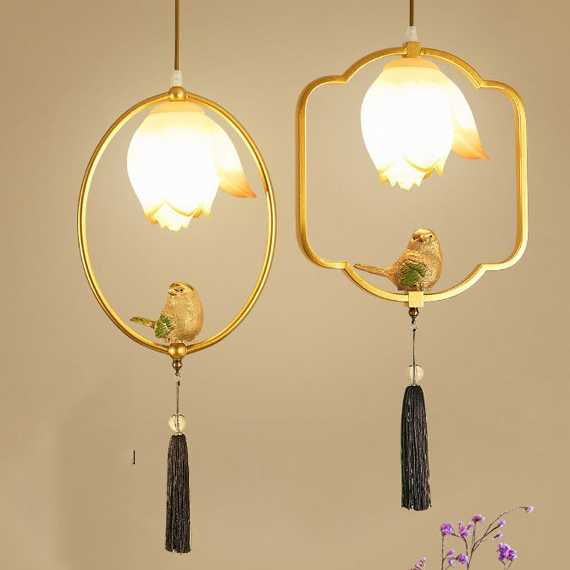 Traditional Chinese Iron Resin Lotus Bird Oval Shape Polygon 1 - Light Pendant Light For Dining Room