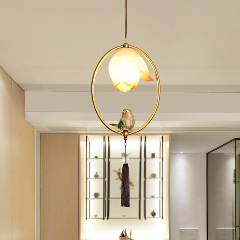 Traditional Chinese Iron Resin Lotus Bird Oval Shape Polygon 1 - Light Pendant Light For Dining Room
