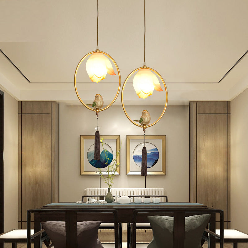 Traditional Chinese Iron Resin Lotus Bird Oval Shape Polygon 1 - Light Pendant Light For Dining Room