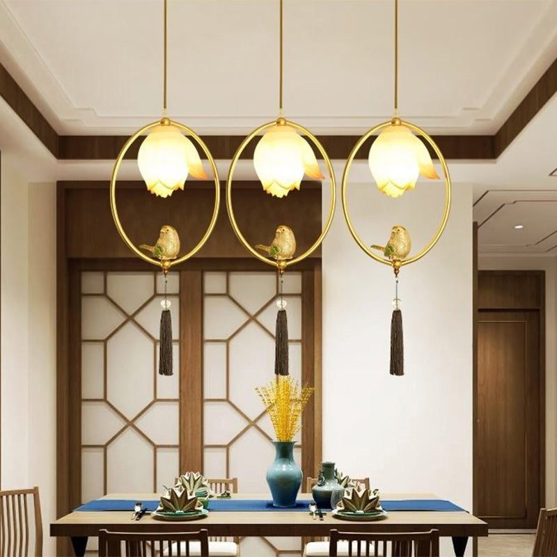 伝統的な中国製鉄樹脂製蓮鳥楕円形多角形1灯ペンダントライト - ダイニングルーム用