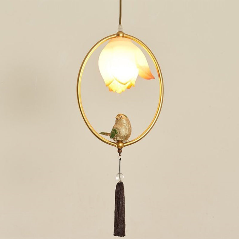 Traditional Chinese Iron Resin Lotus Bird Oval Shape Polygon 1 - Light Pendant Light For Dining Room