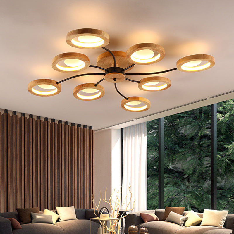Contemporary Nordic Dome Round Solid Wood Acrylic Lampshade LED Semi-Flush Mount Light For Living Room