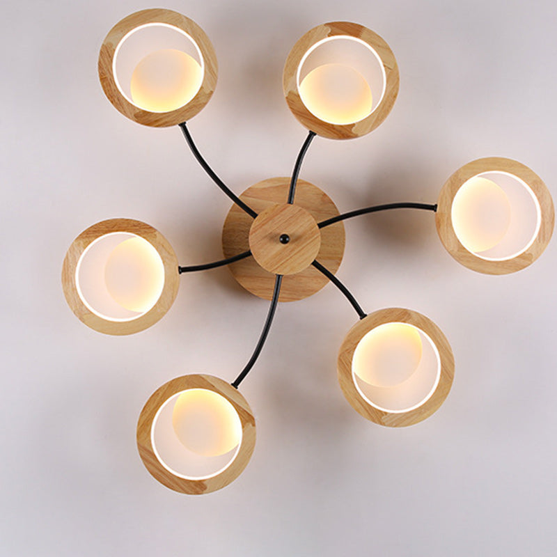 Contemporary Nordic Dome Round Solid Wood Acrylic Lampshade LED Semi-Flush Mount Light For Living Room